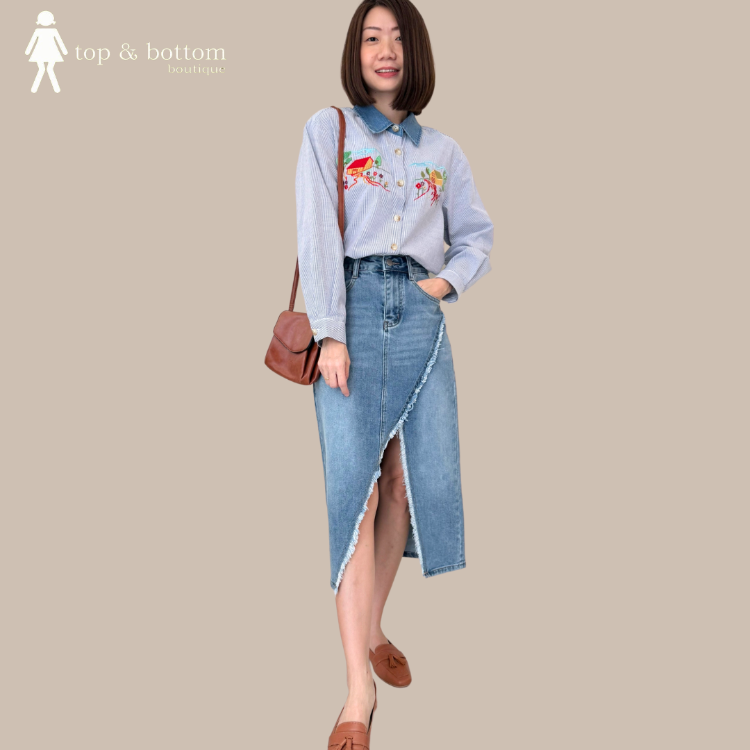 DENIM COLLARED STRIPED SHIRT WITH EMBROIDERY DETAILED