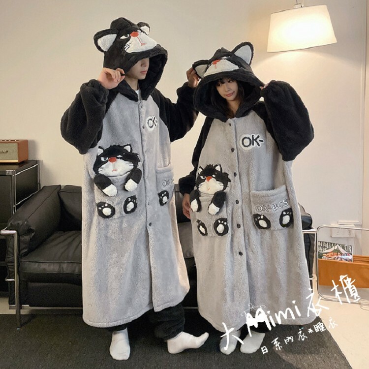 🔥暖呼呼系列-壞貓咪法蘭絨睡袍+褲子