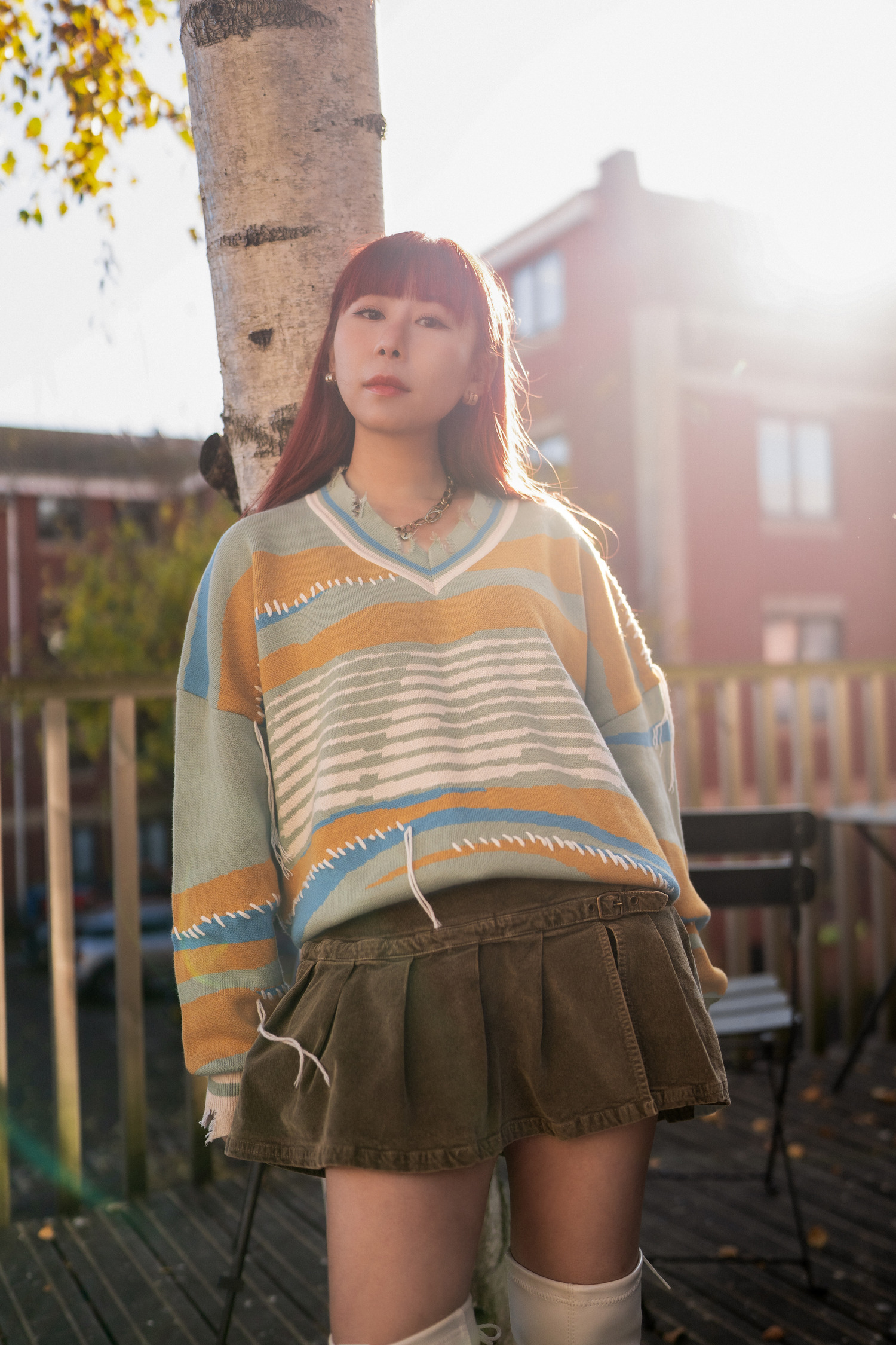 【Just Arctic】Unisex V領拼色隨性毛邊手工縫線針織衫 - 日耀橙/夏苔綠/極空藍/熊白色 (戲票已送完｜海外私人線上放映仍有!!)