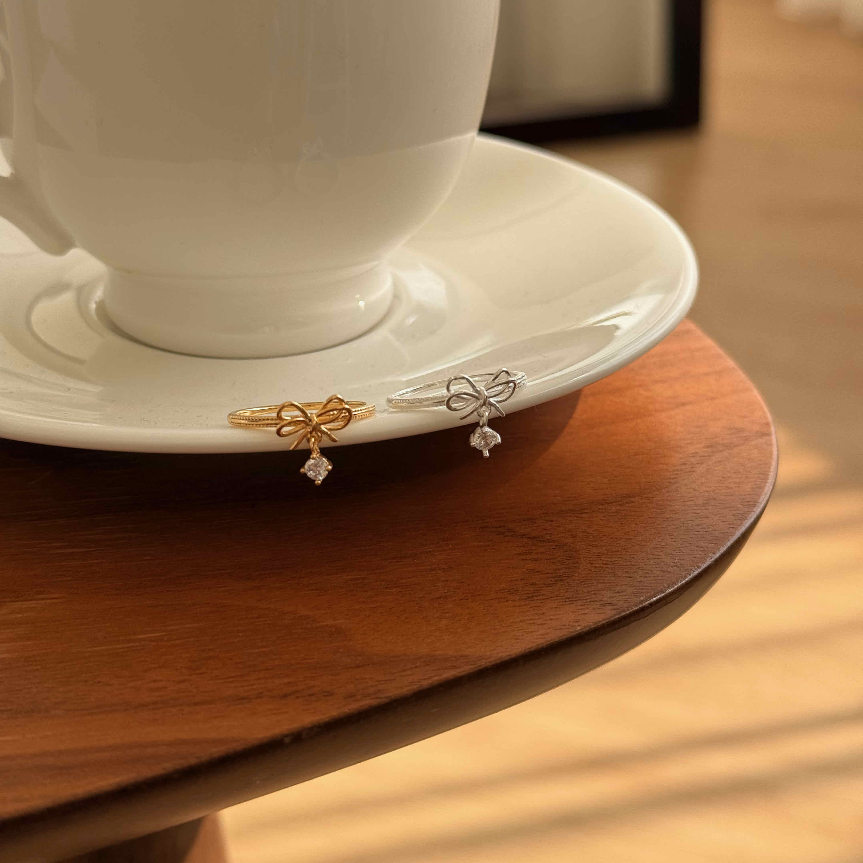 🇰🇷925 silver 雙層蝴蝶結單鑽垂墜戒指｜2 color