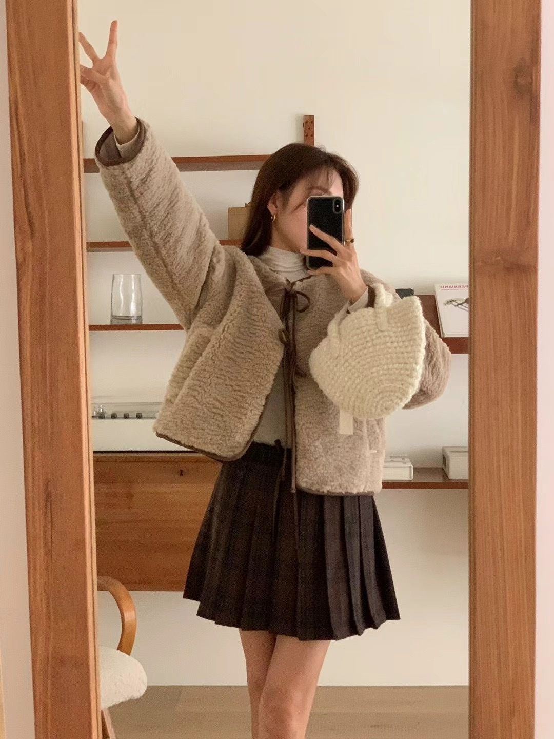 Wool check pleated elastic skirt