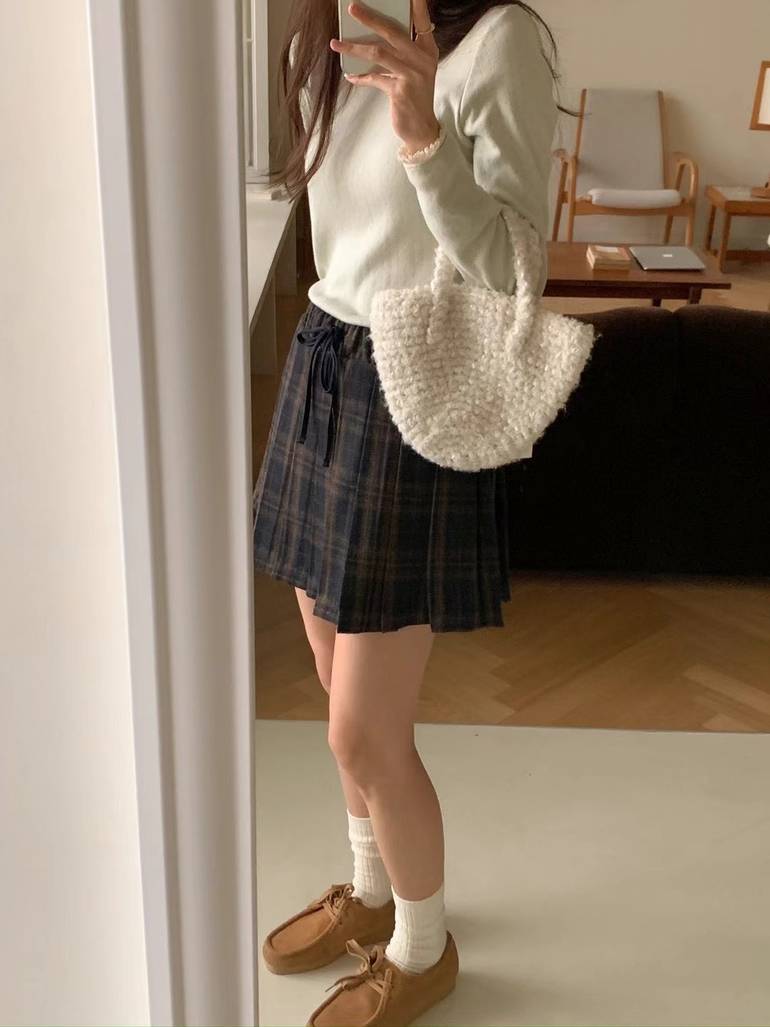 Wool check pleated elastic skirt