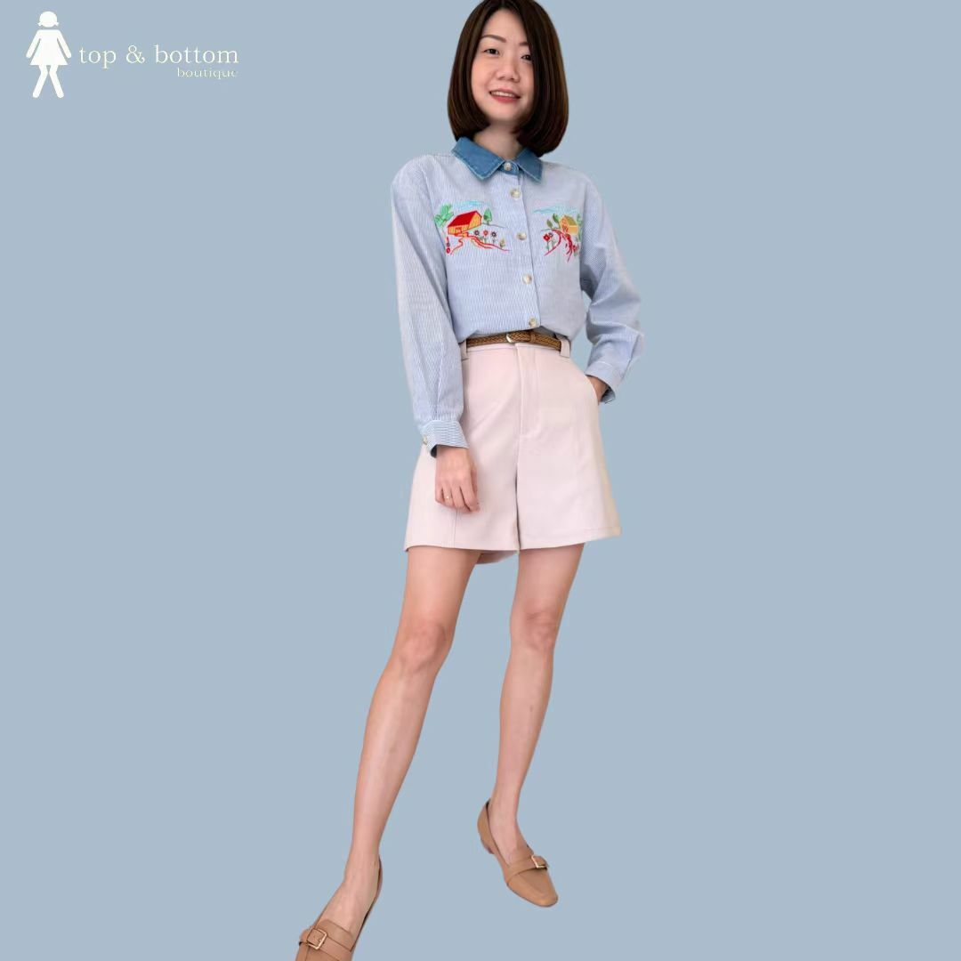 DENIM COLLARED STRIPED SHIRT WITH EMBROIDERY DETAILED