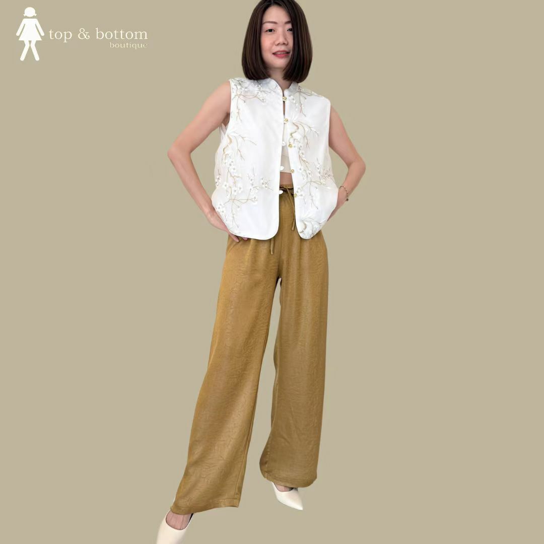 SATIN ELASTIC WAISTED WIDE LEG LONG PANT