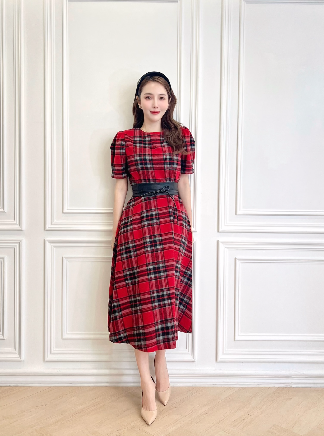 絨面澎短袖格紋傘洋