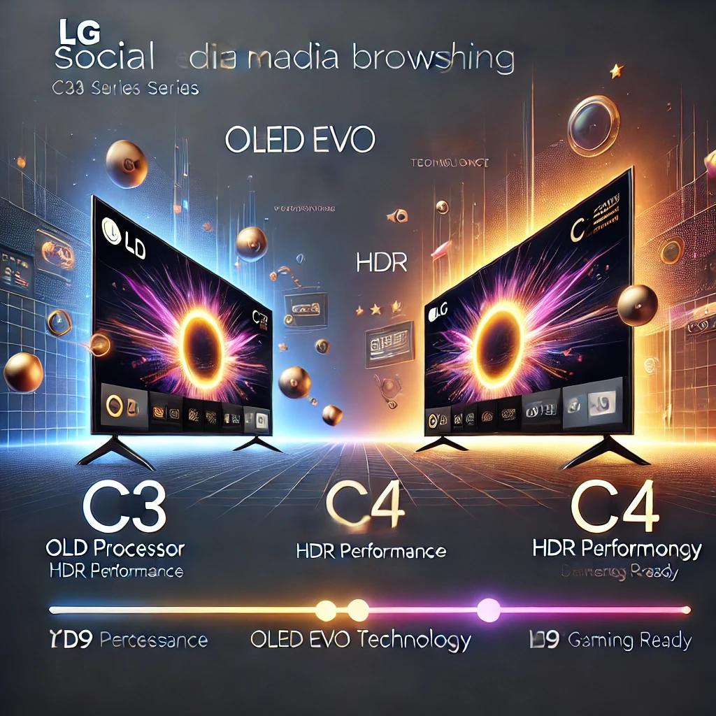 現代化的社群瀏覽圖，展示 LG OLED C3 和 C4 系列電視，兩台超薄電視並排而立，屏幕發出柔和光芒。圖中突出 'OLED evo 技術'、'α9 處理器'、'HDR 表現' 和 '遊戲優化' 等核心功能，背景採用漸層設計，營造高端科技感。