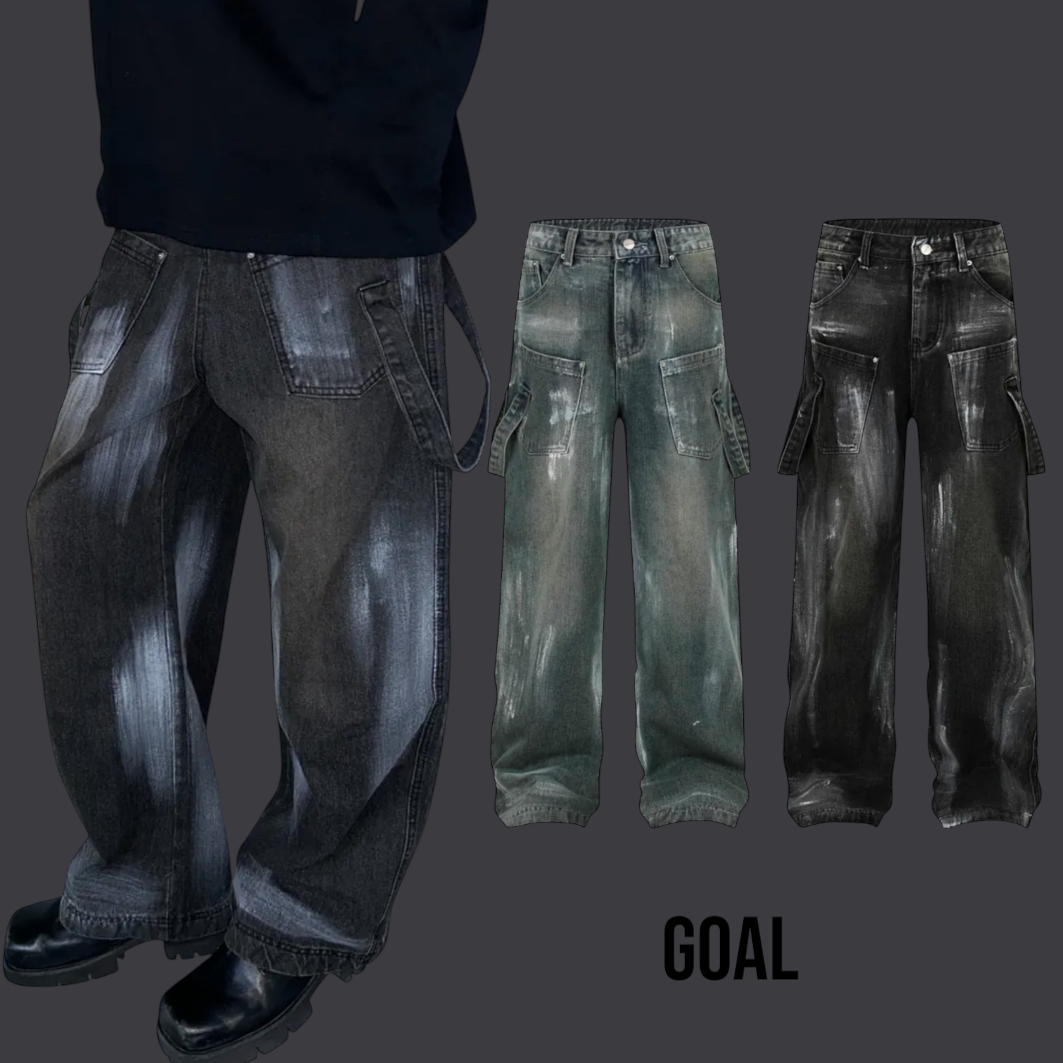 (goal) bosozo 綁帶 設計感 塗鴉 歐美 闊腿 牛仔褲 8248