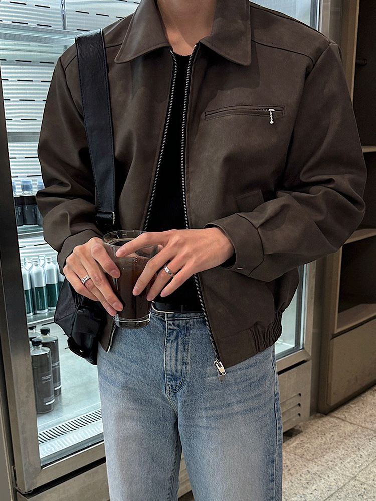 美式復古短版顯寬肩翻領皮衣