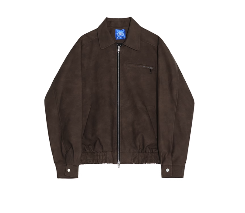 美式復古短版顯寬肩翻領皮衣