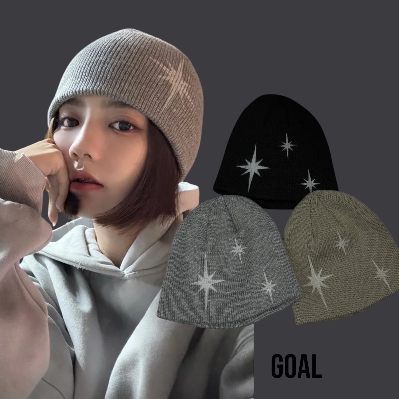 (GOAL) 韓國購入 冷帽 毛帽 保暖 KOL 穿搭 搭配 韓國 十字星 Y2K 黑 卡 灰