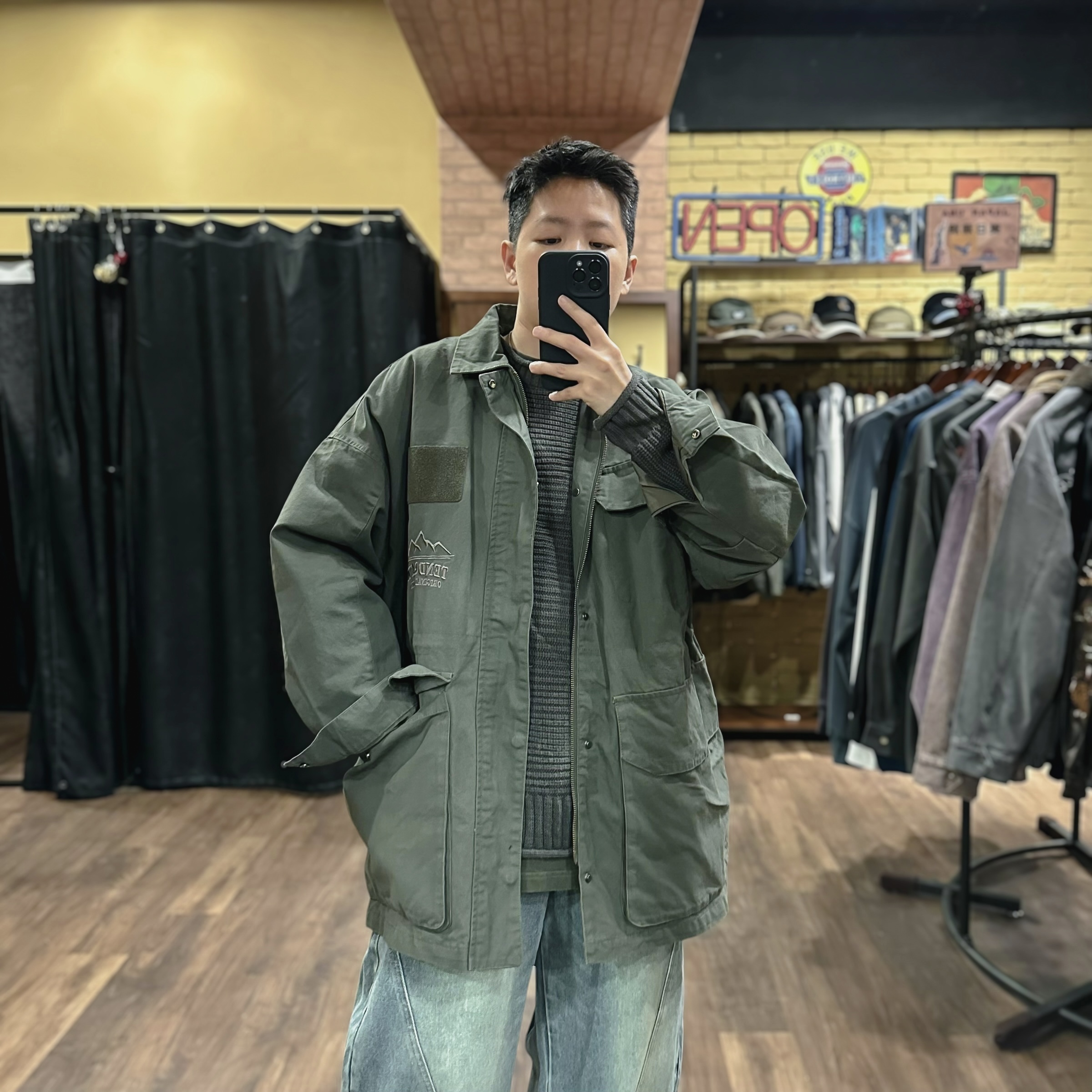 水洗工裝狩獵中長外套