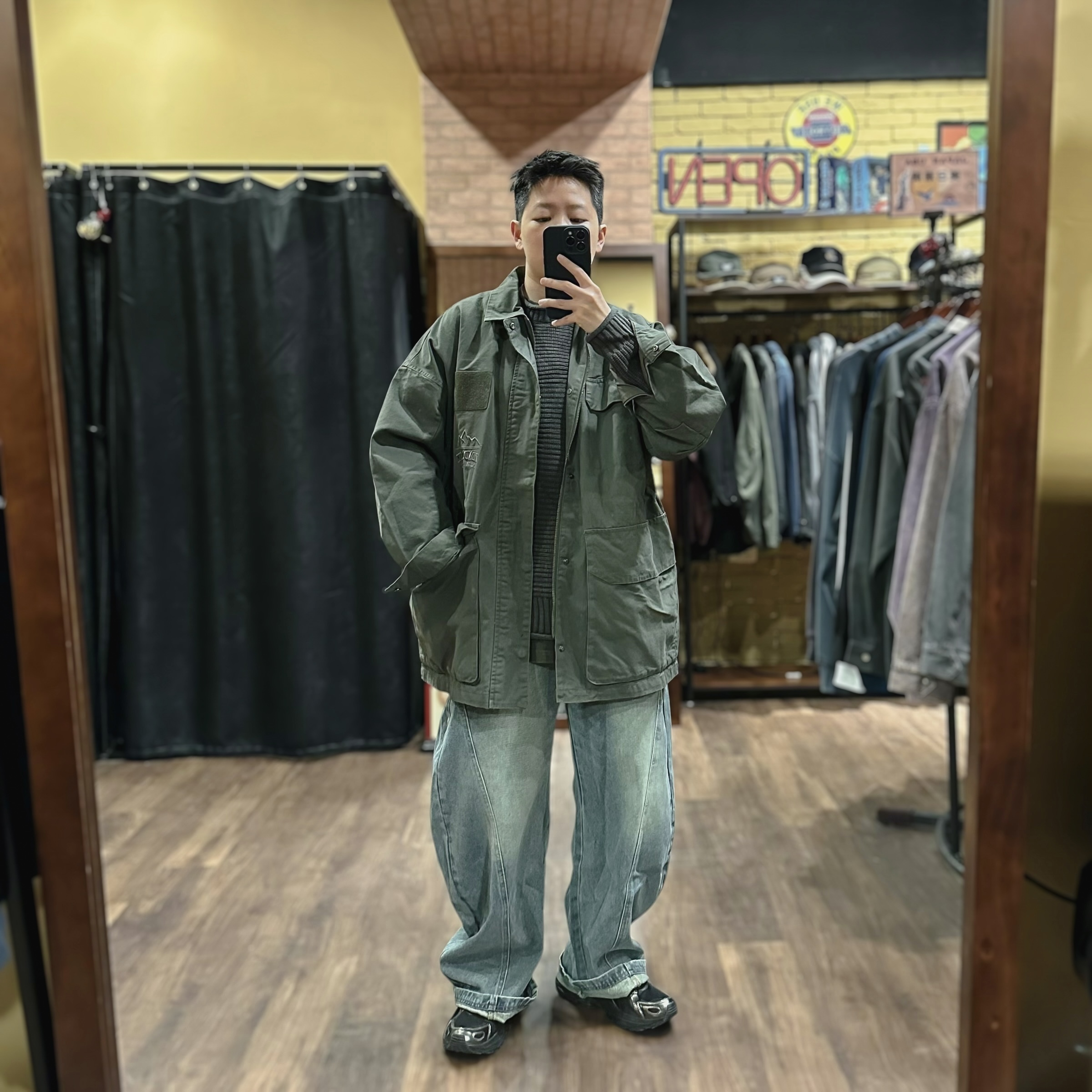 水洗工裝狩獵中長外套