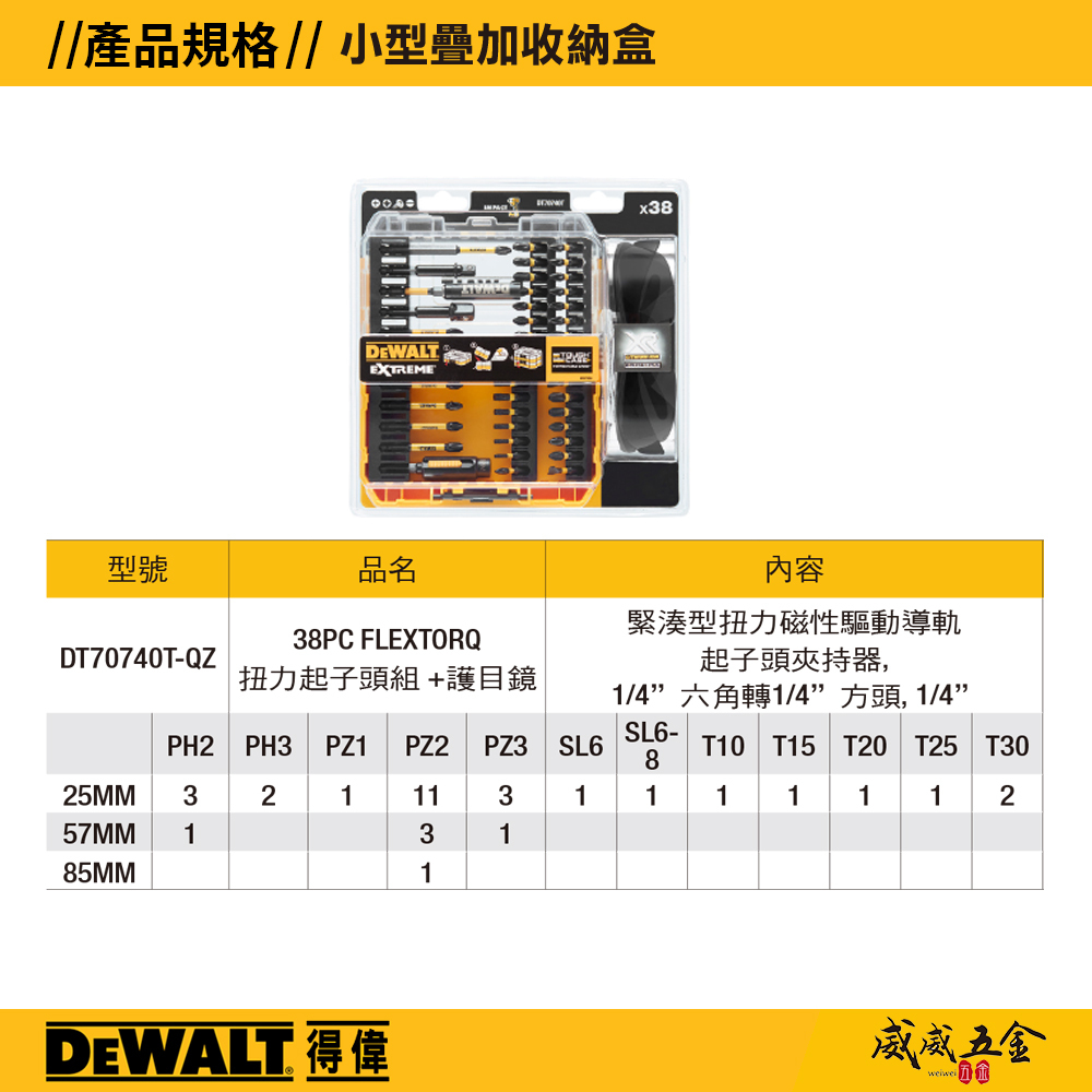 DEWALT 美國 得偉｜盒裝版綜合起子頭+護目鏡套裝組 高扭力起子頭 套筒接桿 38件組｜DT70740T
