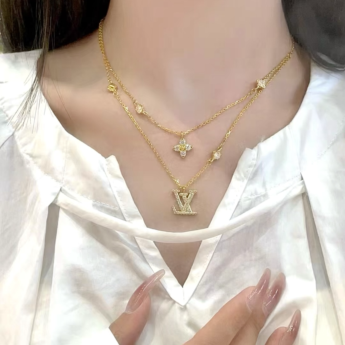 18k”lv千金晶鑽奢華老花卉”高奢定製雙層項鍊