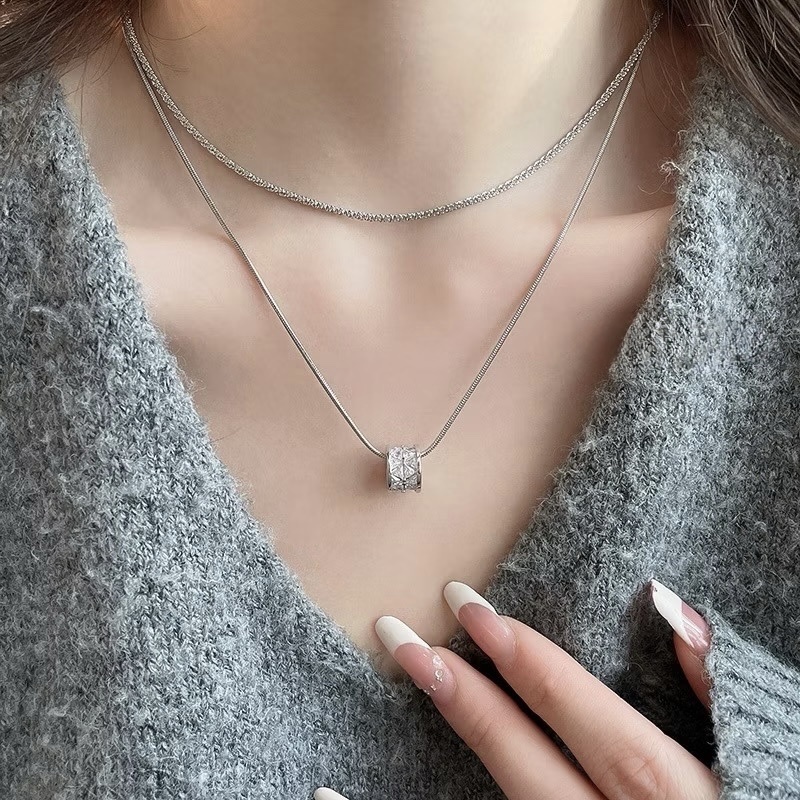 silver低奢銀晶鑽小蠻腰雙層蛇骨閃鑽項鍊