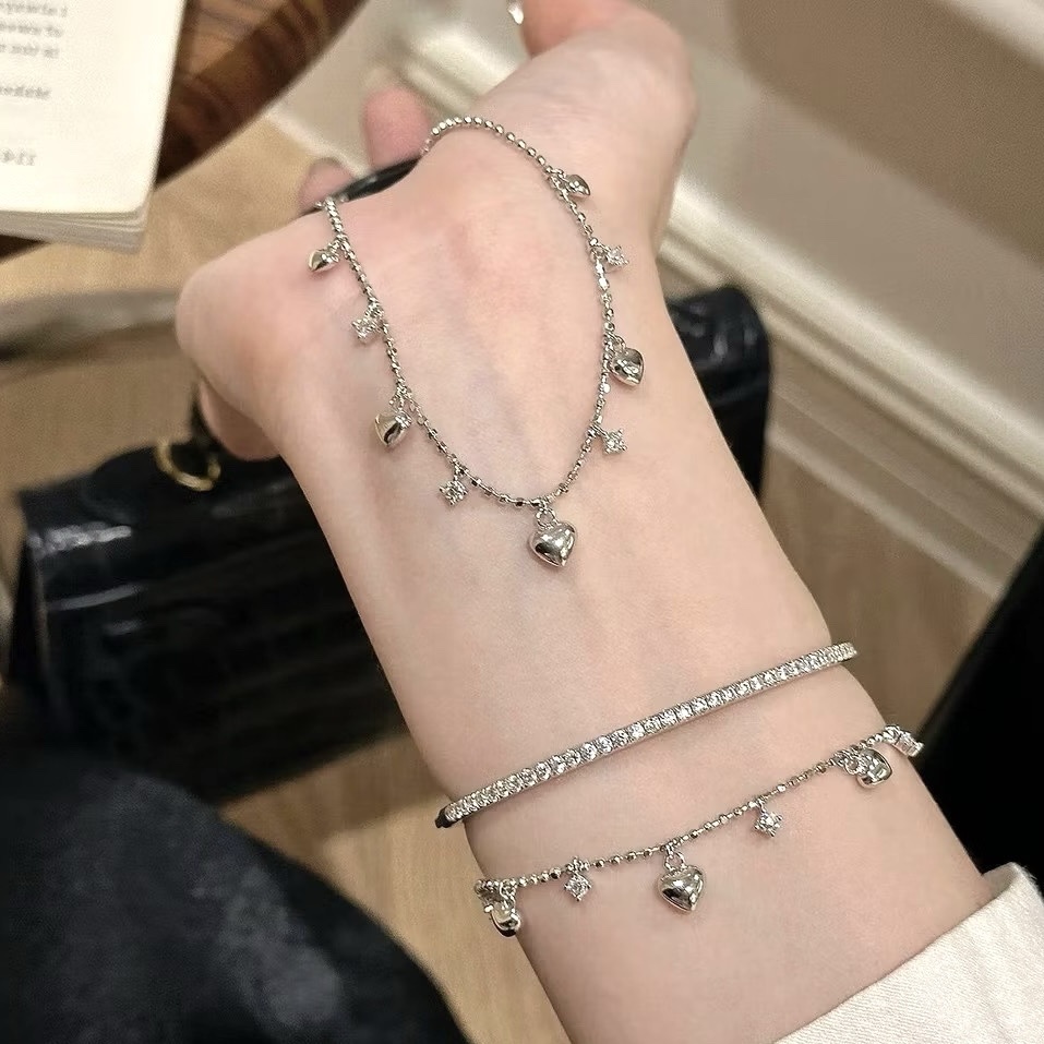 silver輕奢高級小愛心鑽流蘇抽拉式手鍊