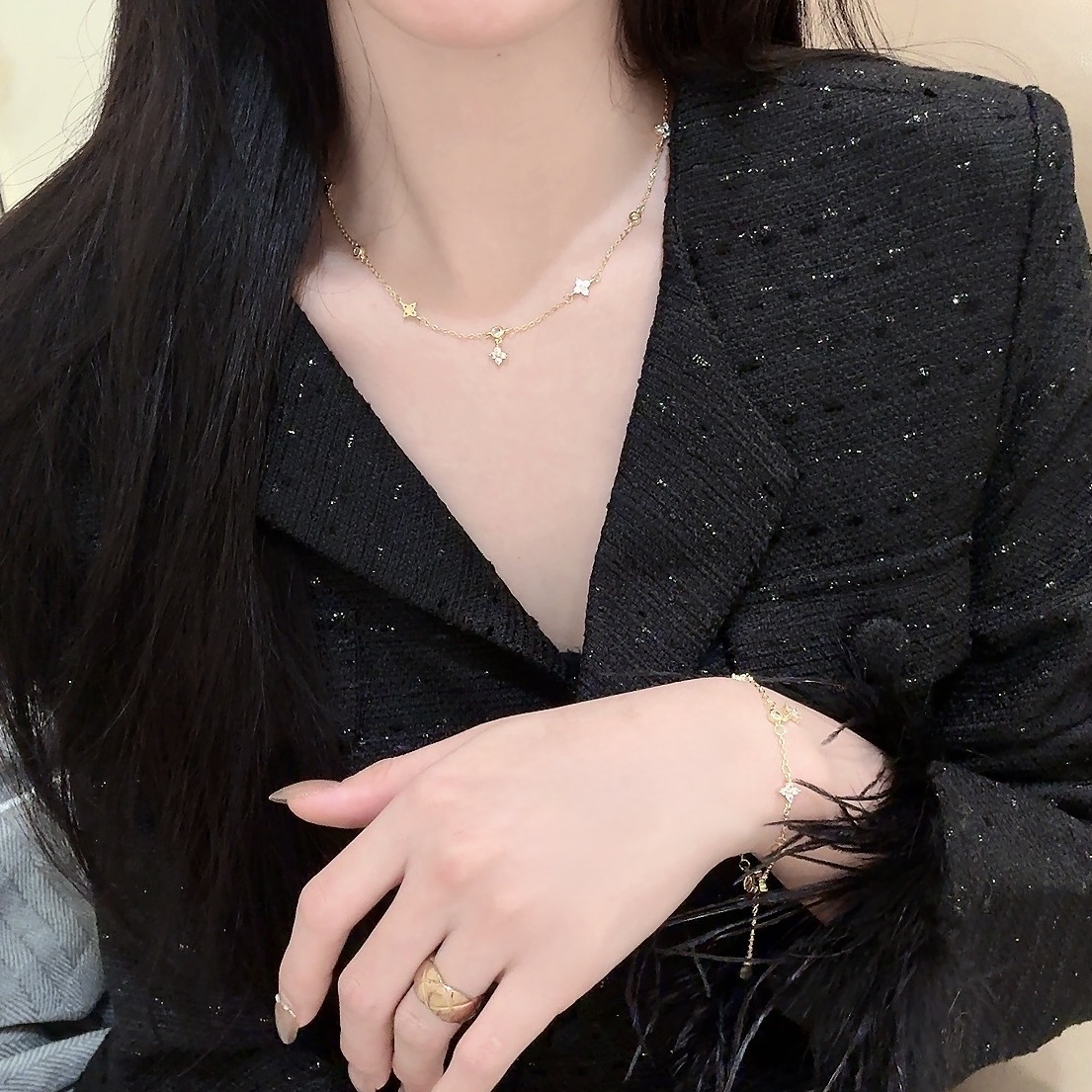 Gy”s925迷你小老花滿鑽細緻小墜/低奢華項鍊