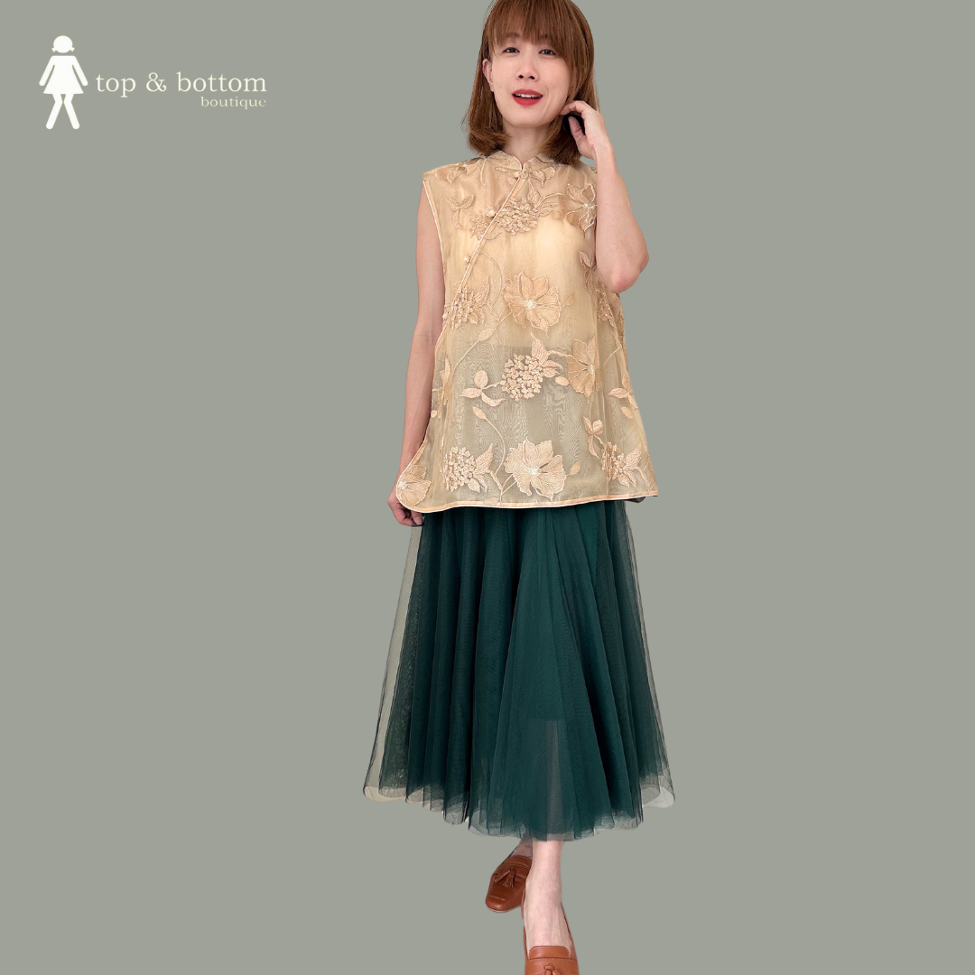 ORGANZA LONG CHEONGSAM TOP WITH EMBROIDERY