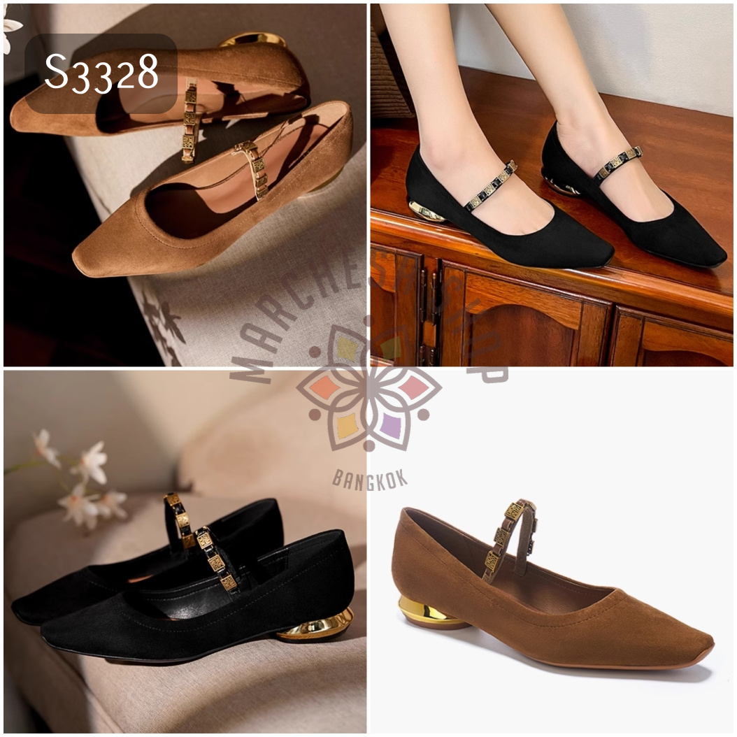 S3328- 羊猄皮純色特色一字帶方頭平底鞋