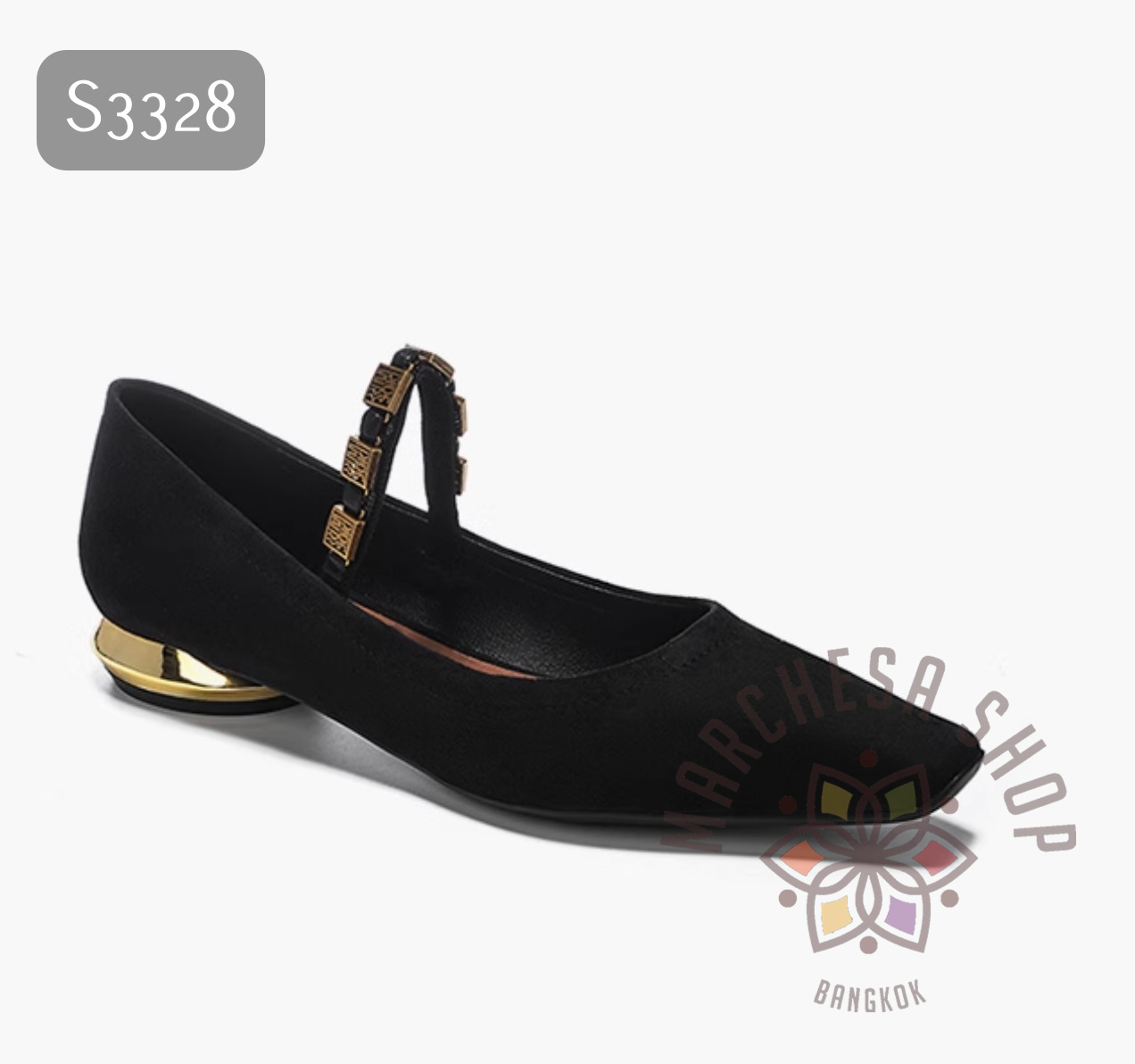 S3328- 羊猄皮純色特色一字帶方頭平底鞋