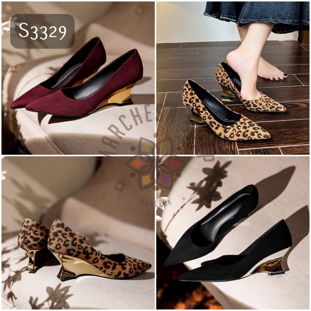 S3329- 羊猄皮金屬特色船踭尖頭高踭鞋