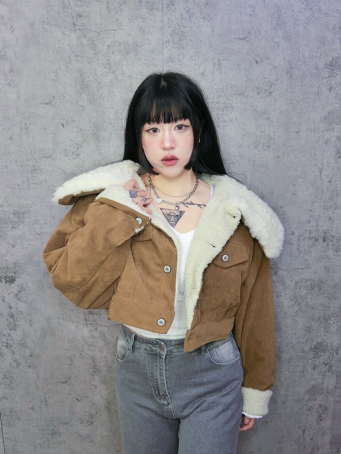 QQ毛大翻領短版外套