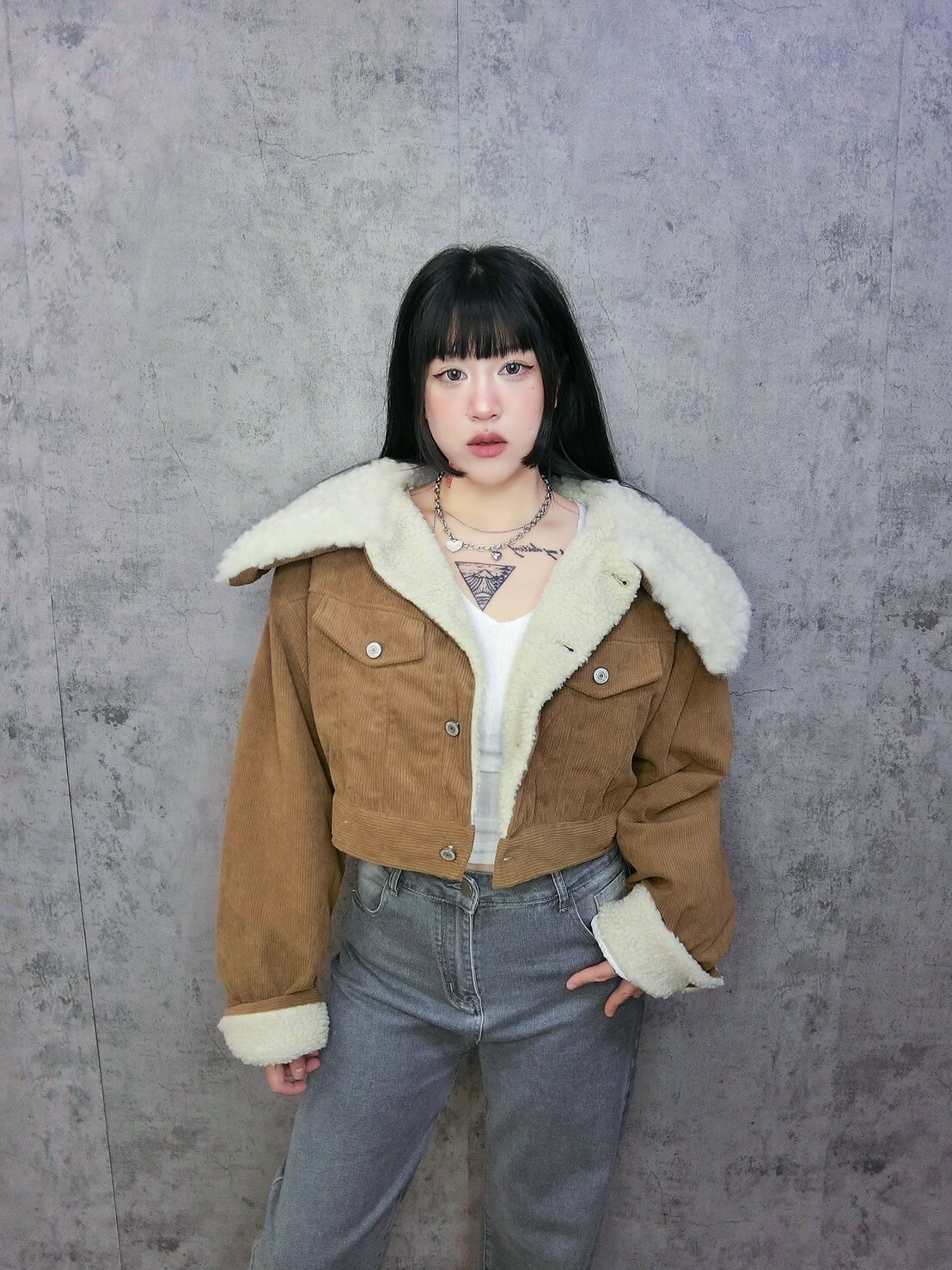 QQ毛大翻領短版外套