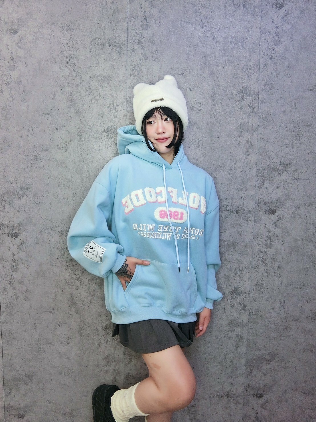 糖果色1988字母貼布街頭風挺版刷毛帽T