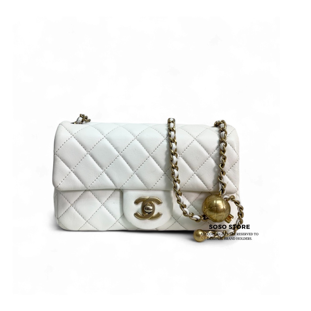 Chanel Mini Flap Bag With Gold Ball - White / Ghw