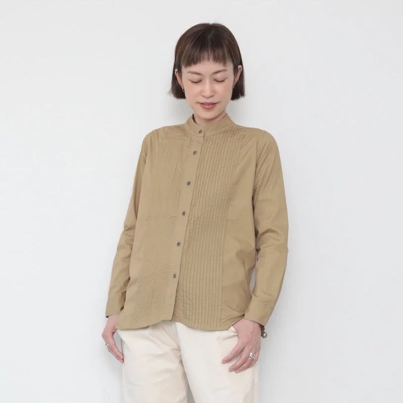 OMAKE.jp 塔克小立領襯衫PintuckShirt 卡其