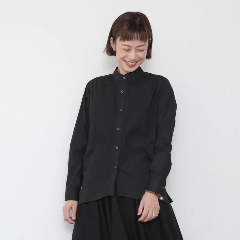 OMAKE.jp 塔克小立領襯衫PintuckShirt 黑
