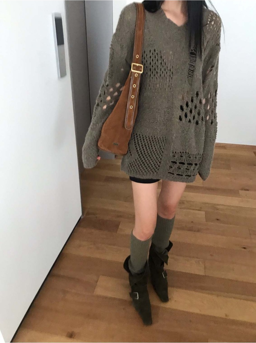 東大門洞洞寬鬆毛衣(米白/黑/卡其)