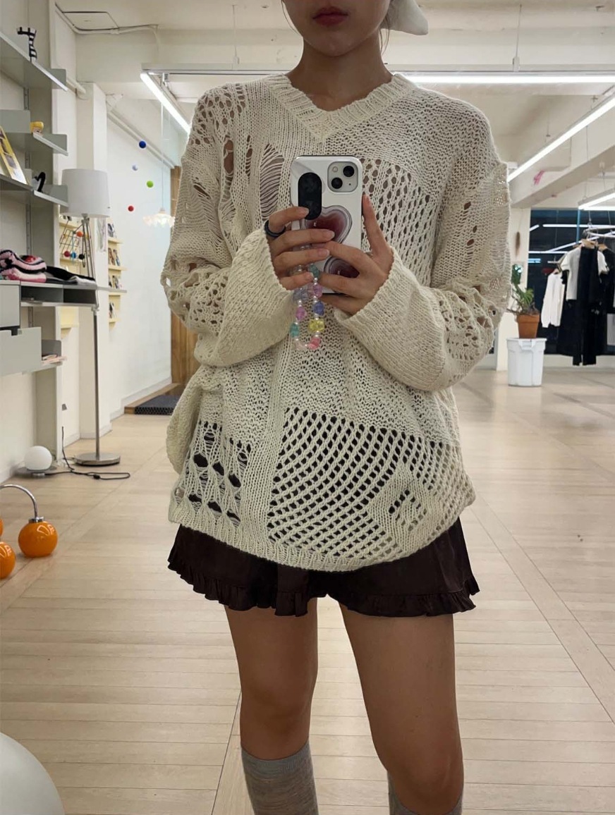 東大門洞洞寬鬆毛衣(米白/黑/卡其)