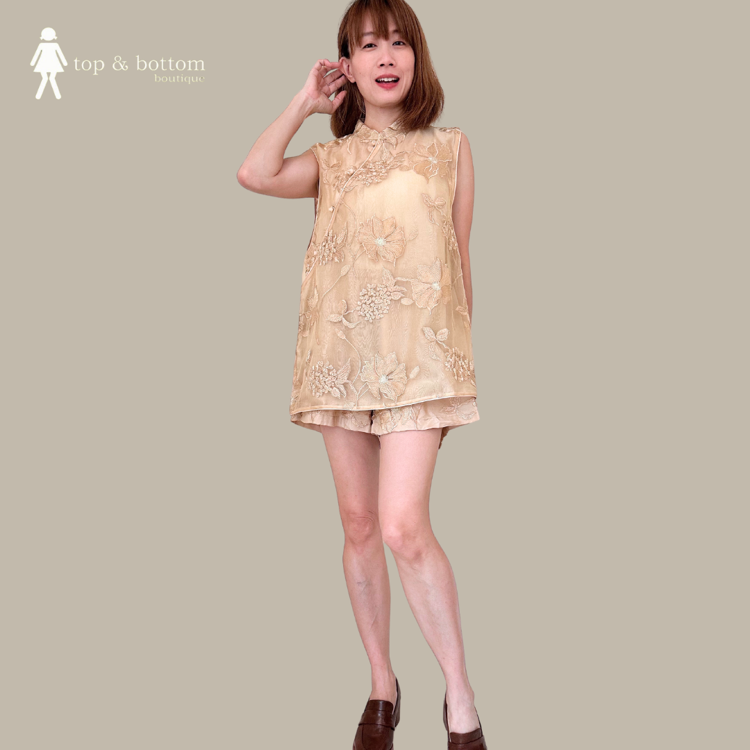 ORGANZA LONG CHEONGSAM TOP WITH EMBROIDERY