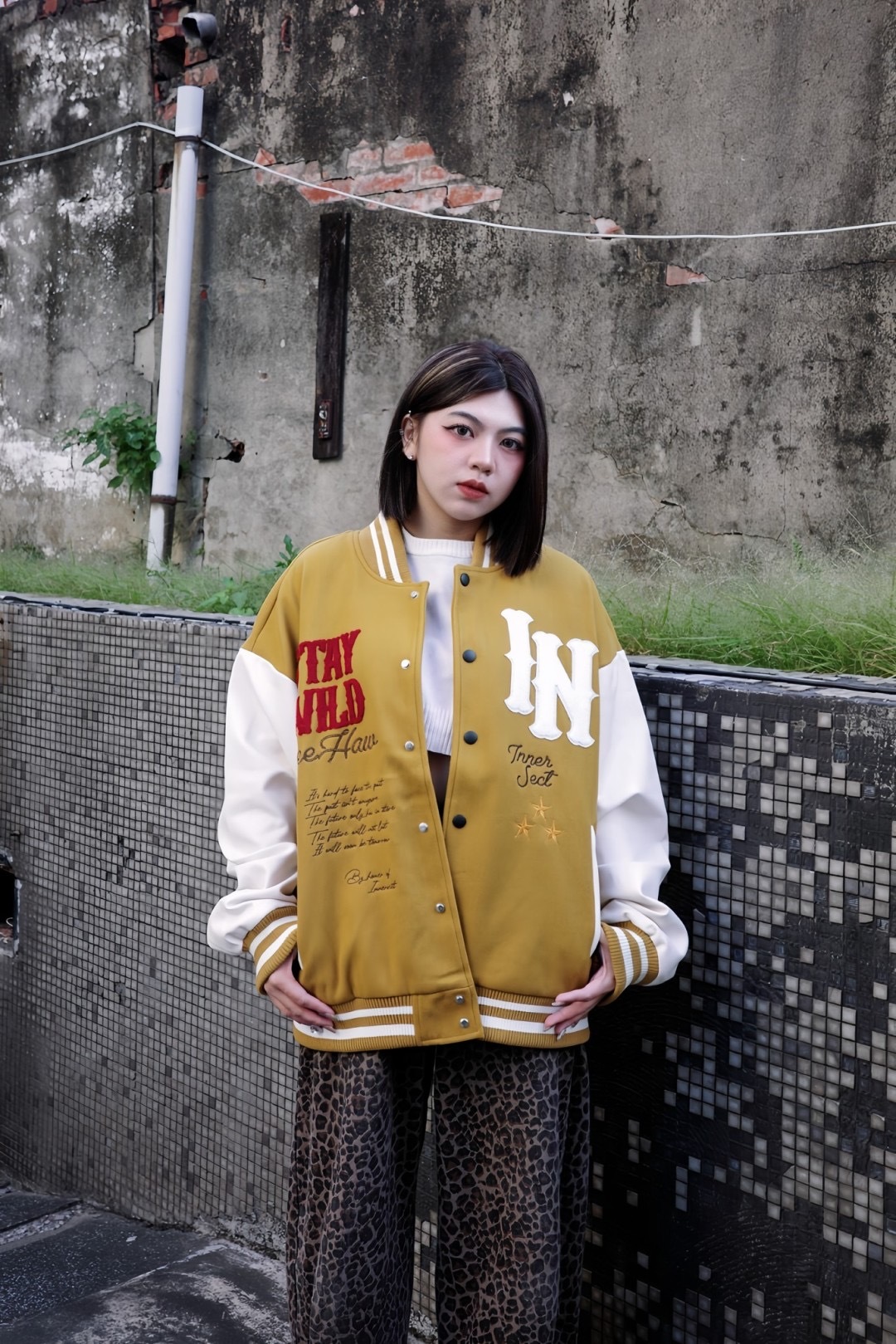 Innersect 重磅 手袖皮革 毛巾繡 西部牛仔 拼接印花 棒球外套 三生萬物 inn24fwtjk1