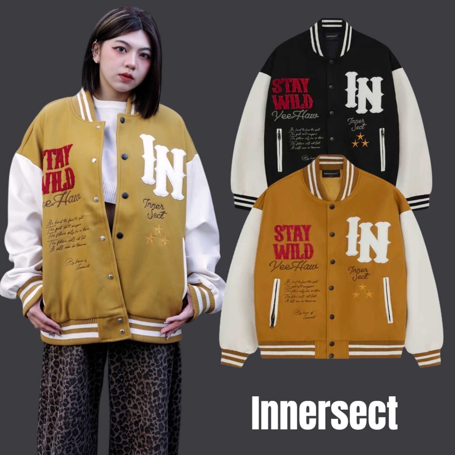 Innersect 重磅 手袖皮革 毛巾繡 西部牛仔 拼接印花 棒球外套 三生萬物 inn24fwtjk1