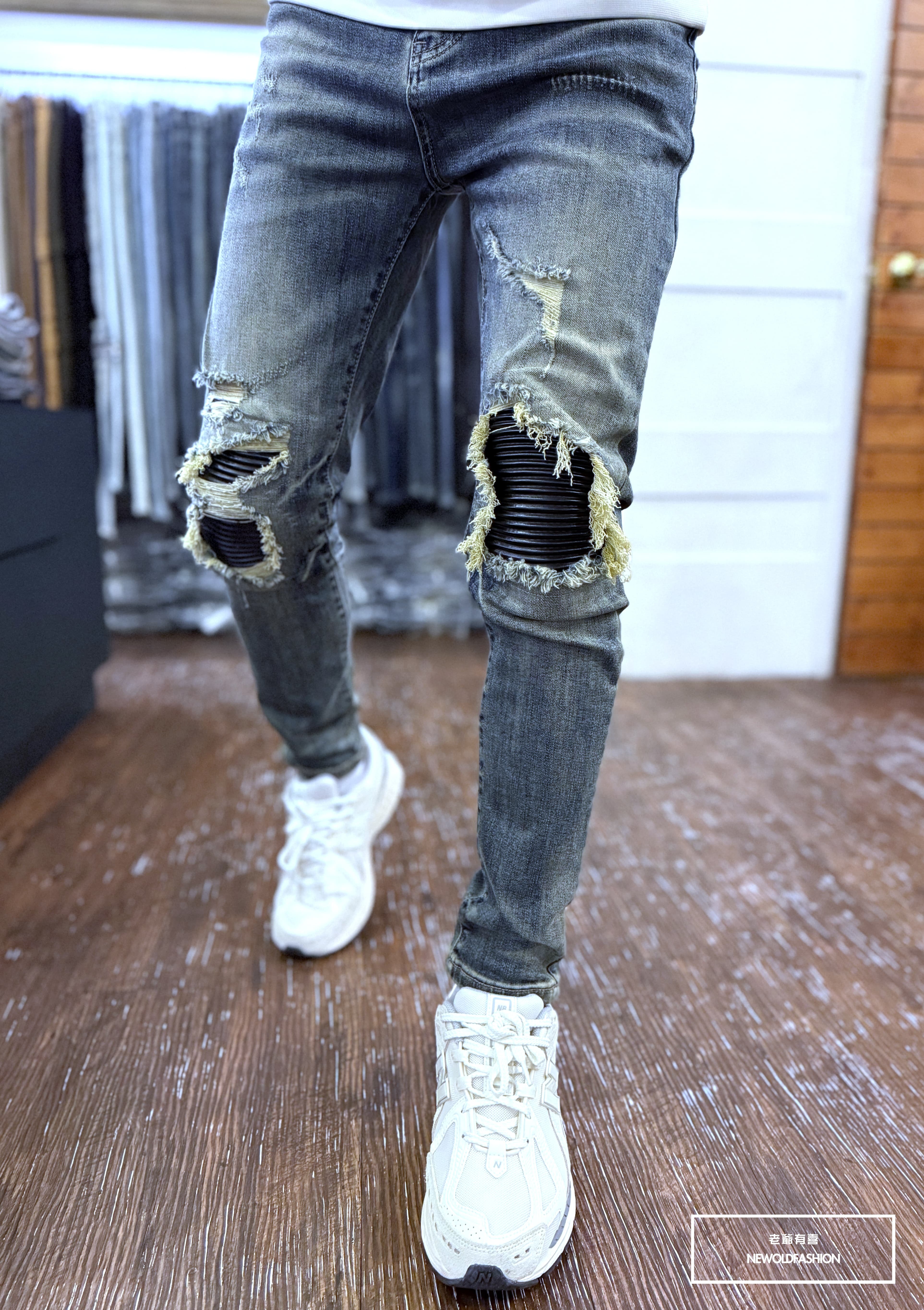 『新品上市』重磅抓痕皮革補丁小直筒褲(NOF24129010)