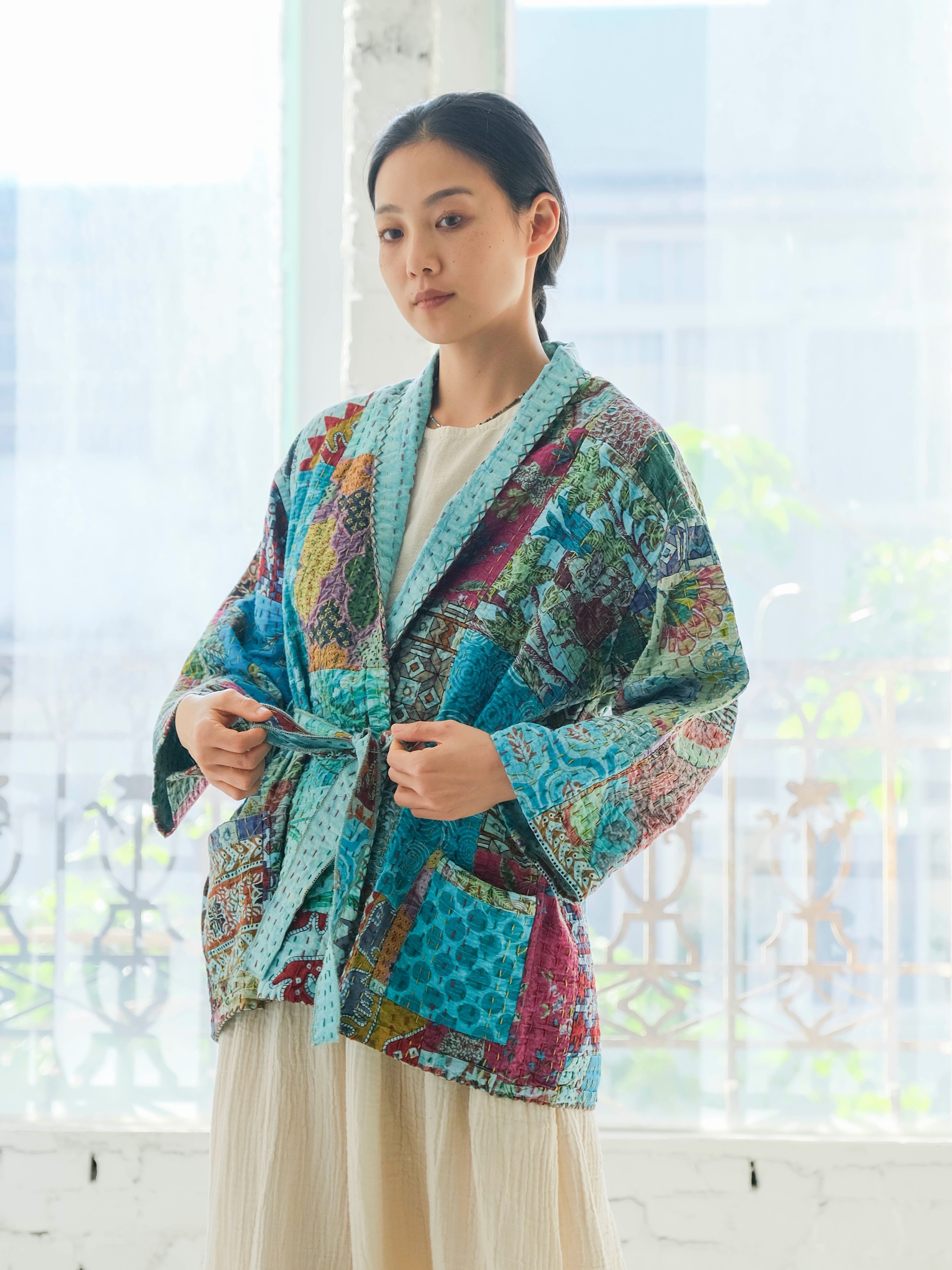 坎塔刺繡兩面穿中性和式外套 淡藍