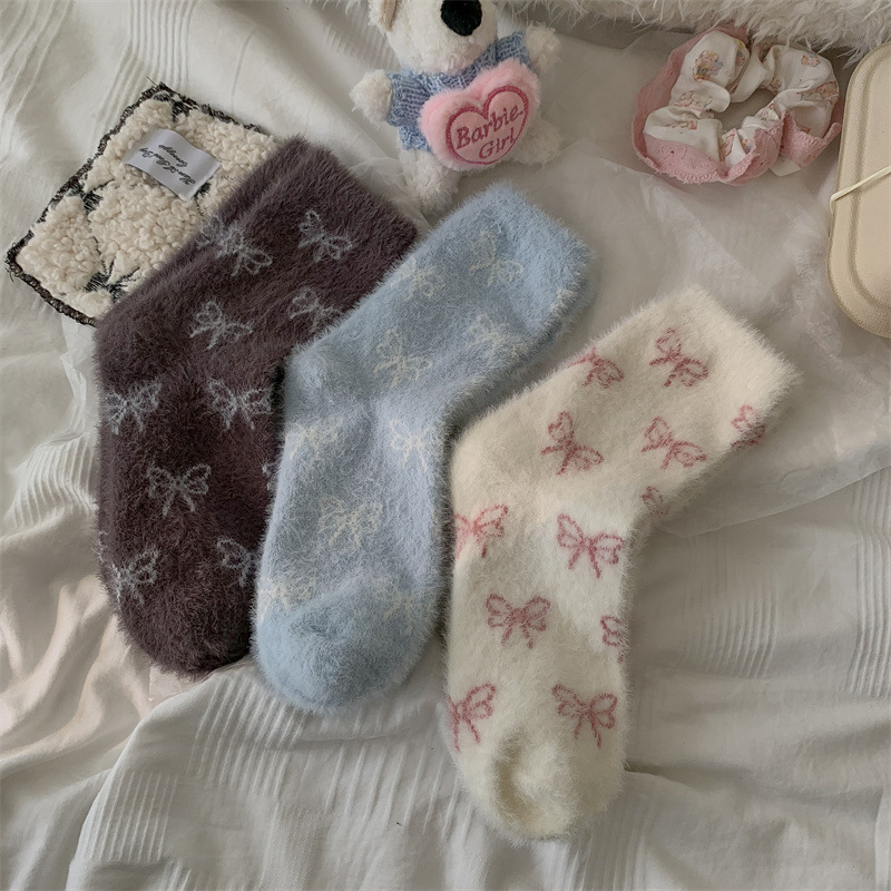 《5468》柔軟蝴蝶結冬季水貂絨襪