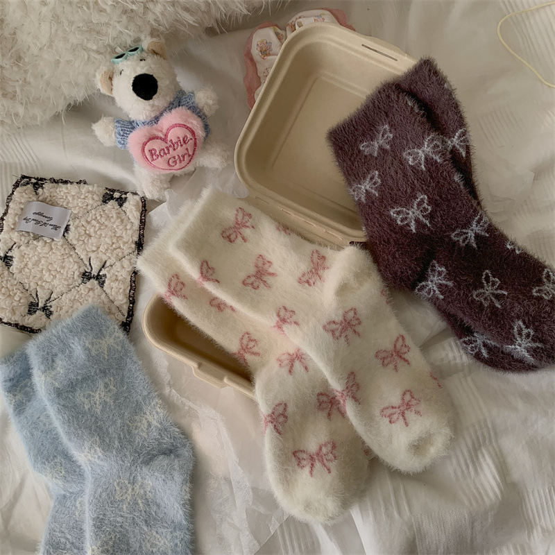 《5468》柔軟蝴蝶結冬季水貂絨襪