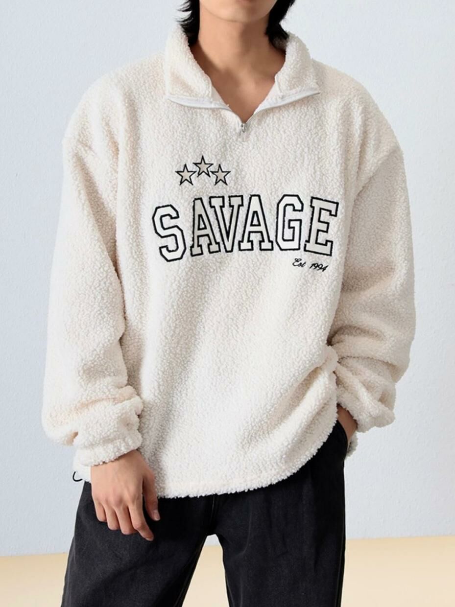 反領半拉鍊英文字毛毛衛衣 MEMENTO-025T