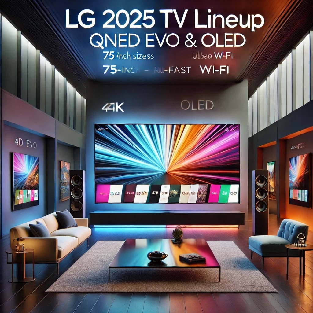 Modern social media graphic featuring LG's 2025 TV lineup, highlighting the QNED evo and OLED series with vibrant 4K displays in a stylish living room. The design emphasizes large screen sizes (75-inch to 85-inch), advanced AI integration, and ultra-fast Wi-Fi, with the text 'LG 2025 TV Lineup: QNED evo & OLED - Redefining Entertainment' overlayed.
