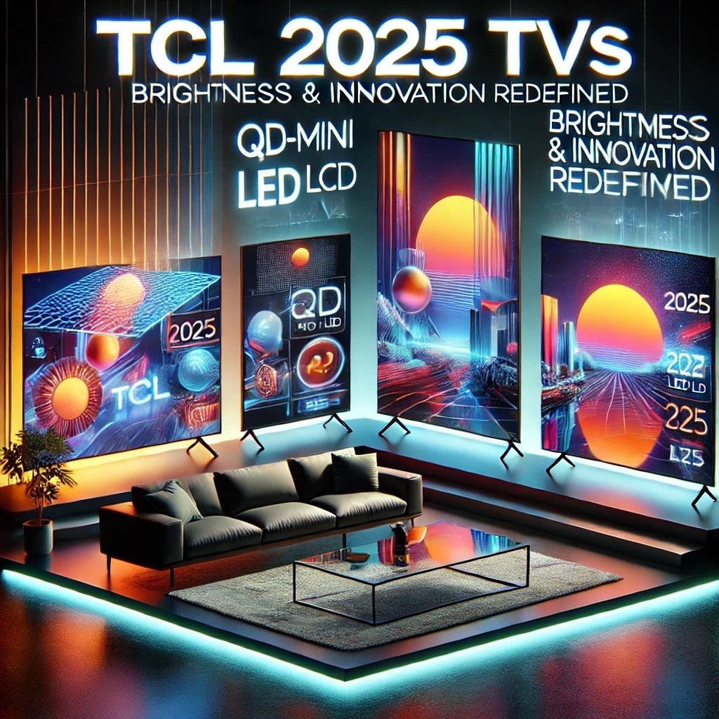 Modern social media graphic showcasing TCL's 2025 TV lineup, featuring large QD-Mini LED and MiniLED LCD TVs in a luxurious living room. Highlights include vibrant visuals, sleek designs, and the text 'TCL 2025 TVs: Brightness & Innovation Redefined' in a stylish font.
