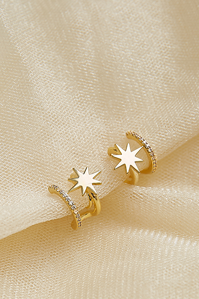 閃耀交錯小星。夾式耳環