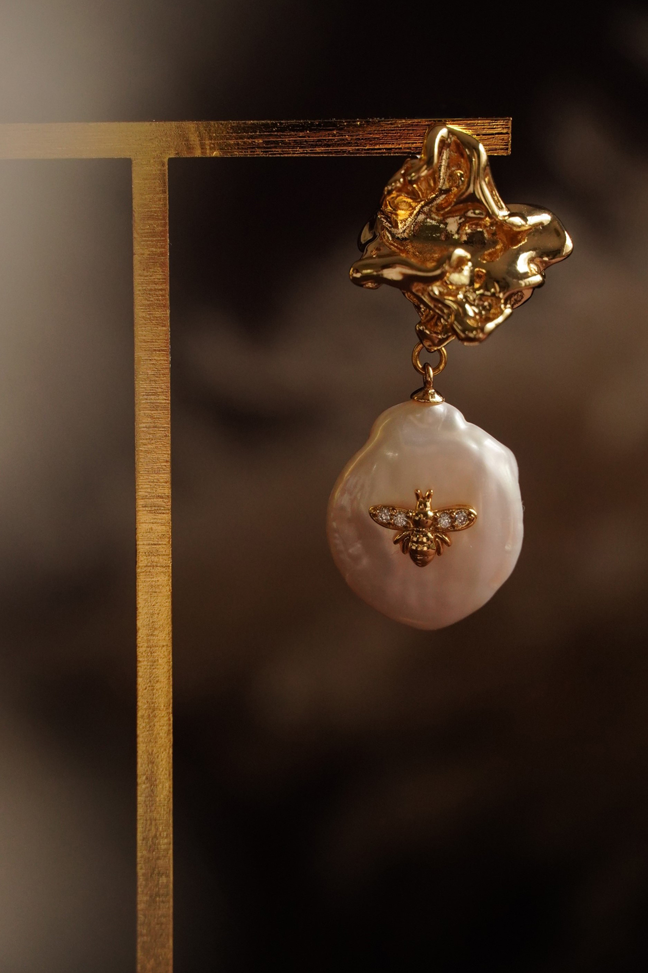 黃銅飾品,耳環,飾品,黃銅,鋯石,天然珍珠,不規則,18kgp,鍍18k金,仙女