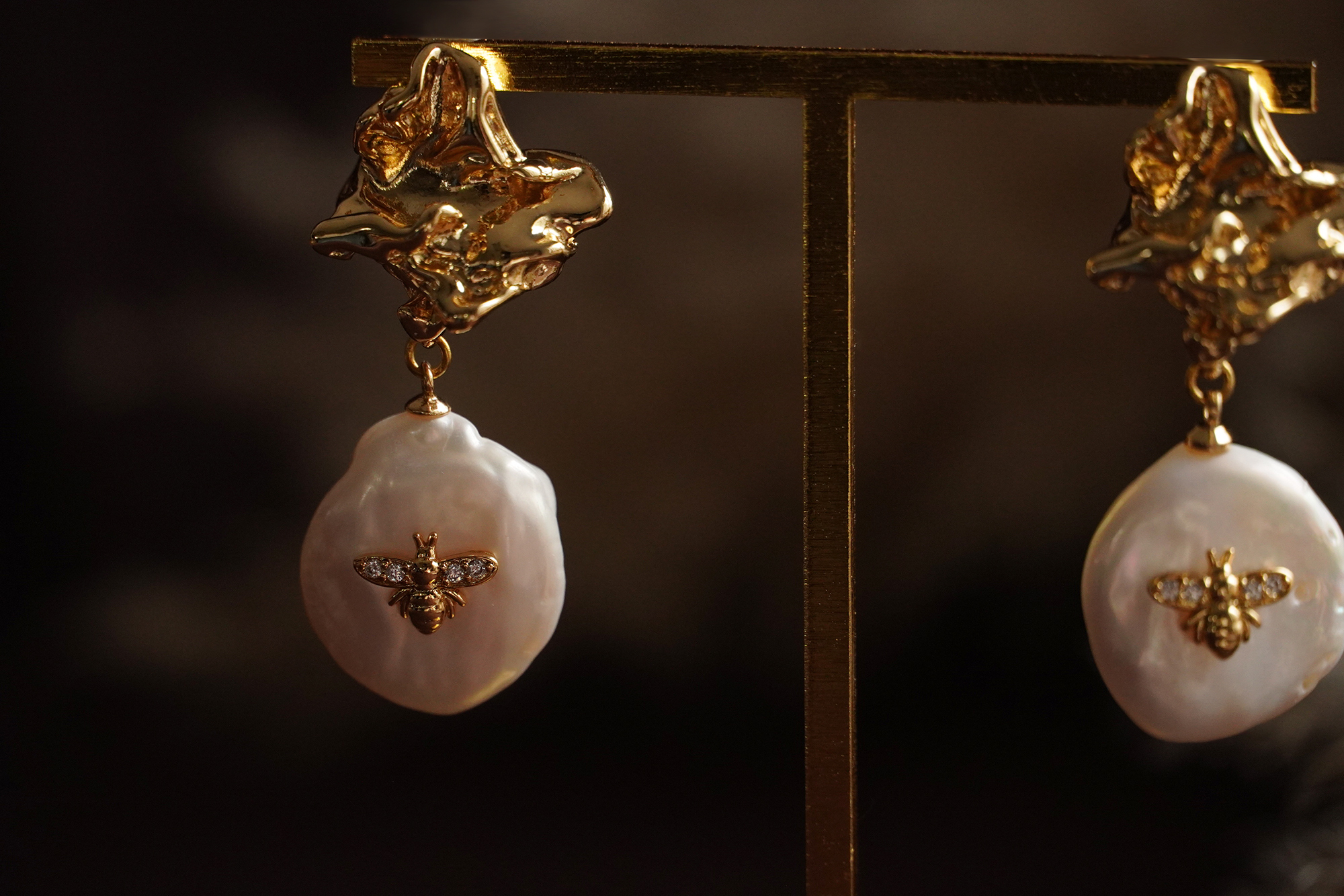 黃銅飾品,耳環,飾品,黃銅,鋯石,天然珍珠,不規則,18kgp,鍍18k金,仙女