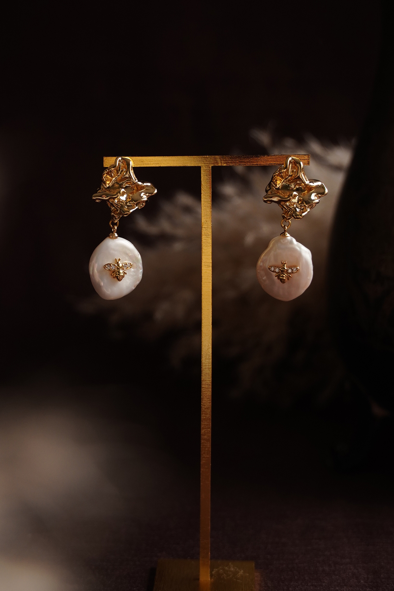 黃銅飾品,耳環,飾品,黃銅,鋯石,天然珍珠,不規則,18kgp,鍍18k金,仙女