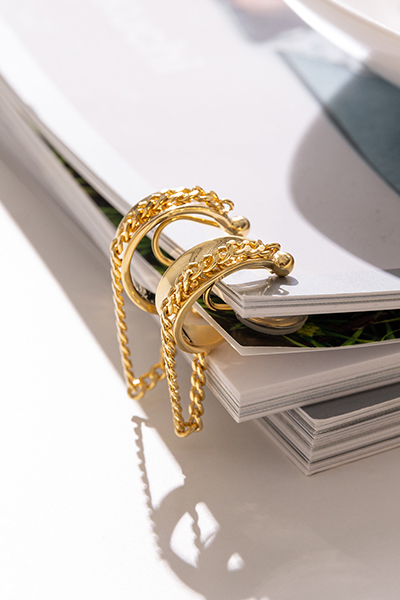 個性耳圈流蘇。夾式耳環(金)