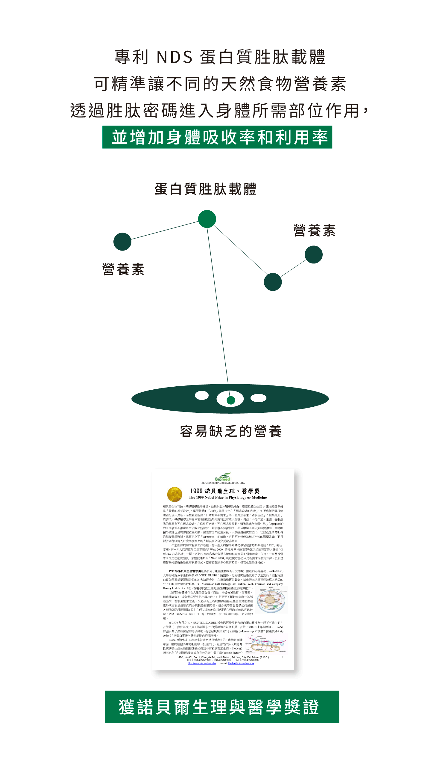 專利nds蛋白質胜肽載體可精準讓不同的天然食物營養素透過胜肽密碼進入身體所需部位作用,並增加身體吸收率和利用率
