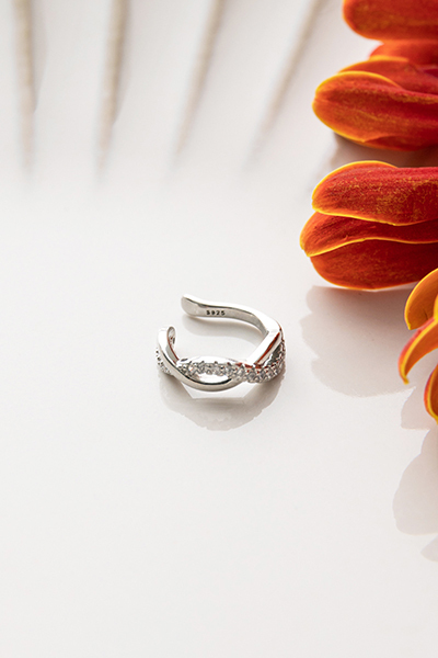 鋯石交疊波浪耳骨夾(單支)-銀